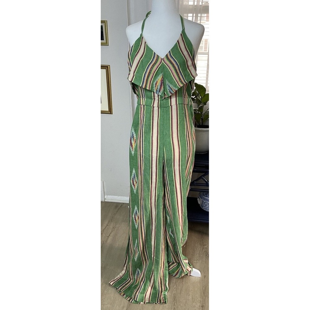 Judith March Green Striped Southwestern Aztec Halter Wide Leg Jumpsuit M x2